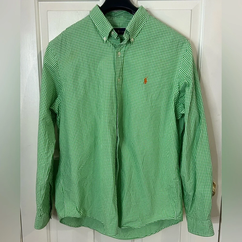 Ralph Lauren Button Down Checkered Long Sleeve Shirt Green Men's XL Orange Pony - Picture 2 of 7